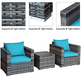 COSTWAY 3 PC Patio Rattan Furniture Bistro Set Cushioned Sofa Chair Turquoise COSTWAY