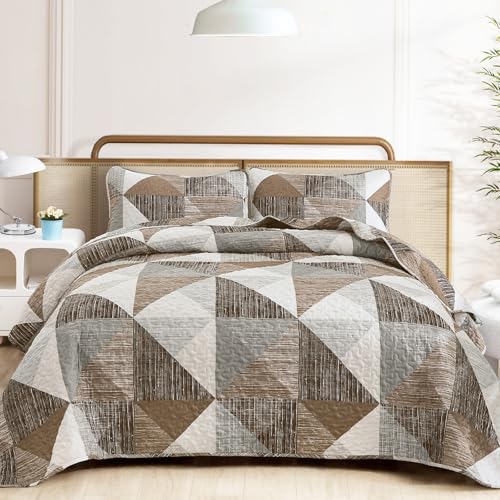 Dintszyayue Quilt Queen Size Brown, 3 Pieces Patchwork Bedspread Bedding for Queen Size Bed, Soft Lightweight Microfiber Geometric Coverlet Set for All Season Quilt with 2 Pillowcases Dintszyayue
