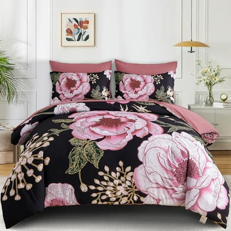 Luxudecor Floral Queen Comforter Set 7 Pieces Bed in a Bag, Pink Flower Print on Black Bedding Set, Soft Reversible Comforter with Sheet Set 90"x90" Luxudecor