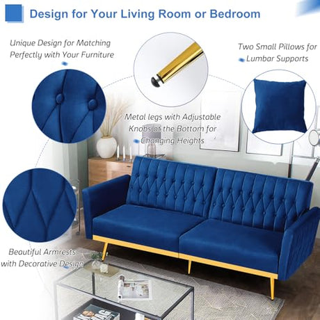 ACMEASE 70” Velvet Futon Sofa Bed w/Adjustable Armrests and Backrest, Convertible Futon Couch w/2 Pillows, Modern Sleeper Bed for Living Room, Bedroom, Blue ACMEASE