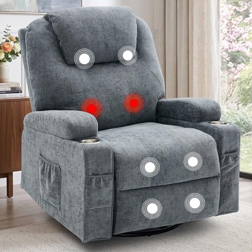 Korser Recliner Chair, 360° Manual Swivel Rocker Chair with Overstuffed Headrest, Rocking Chair with Massage and Heating, Lounge Chair with Cup Holders for Living Room, Bedroom, Nursery, RV, Chenille