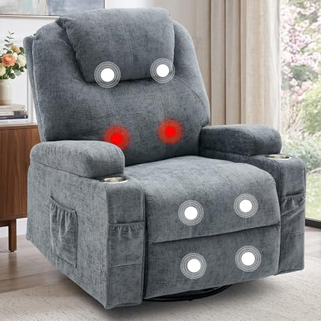 Korser Recliner Chair, 360° Manual Swivel Rocker Chair with Overstuffed Headrest, Rocking Chair with Massage and Heating, Lounge Chair with Cup Holders for Living Room, Bedroom, Nursery, RV, Chenille Korser