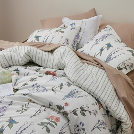 Bedsure Twin/Twin XL Comforter Set - Twin Extra Long Comforter Set, Cute Floral Dorm Bedding, 2 Pieces, 1 Soft Reversible Coconut White Botanical Flowers Comforter and 1 Pillow Sham Bedsure