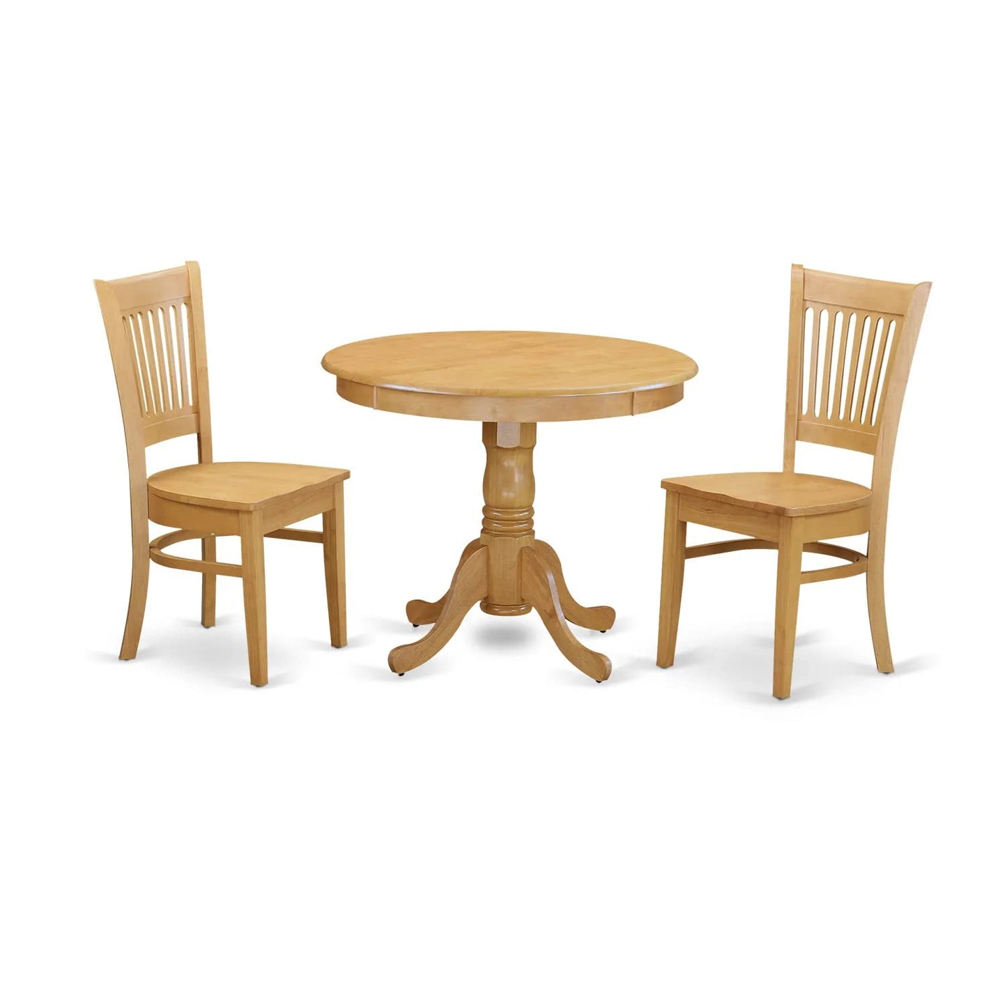 East West Furniture ANVA3-OAK-W 3 Piece Dining Table Set for Small Spaces Contains a Round Kitchen Table with Pedestal and 2 Dining Room Chairs, 36x36 Inch, Oak - WoodArtSupply