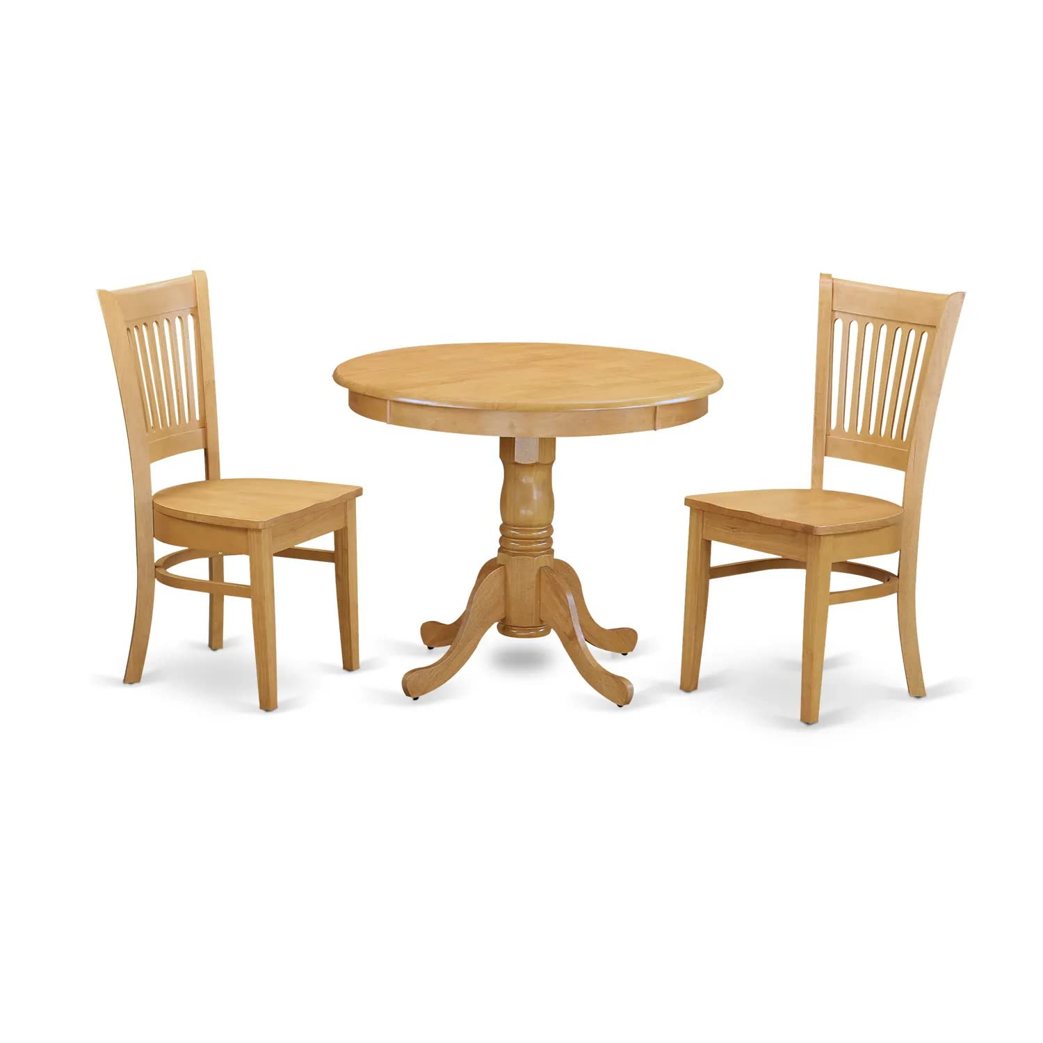 East West Furniture ANVA3-OAK-W 3 Piece Dining Table Set for Small Spaces Contains a Round Kitchen Table with Pedestal and 2 Dining Room Chairs, 36x36 Inch, Oak - WoodArtSupply