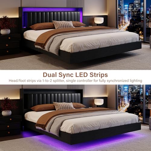 Belffin Floating Bed Frame King Size with LED Lights & Charging Station, Wooden Headboard with Hidden Storage and Faux Leather Backrest, Easy Cleaning, No Box Spring Needed, Noise-Free, Black Belffin