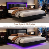 Belffin Floating Bed Frame King Size with LED Lights & Charging Station, Wooden Headboard with Hidden Storage and Faux Leather Backrest, Easy Cleaning, No Box Spring Needed, Noise-Free, Black Belffin