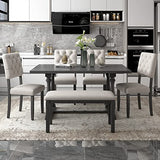 Merax 6 Piece Kitchen Dining Table Set, Wooden Rectangular Dining Table with Upholstered Bench and 4 Chairs, Dining Room Table Set for 6 People, Living Room Furniture (Gray, Beige Cushions) Merax