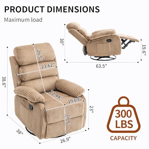 Velvet Upholstered Glider Recliner Chair – 360° Swivel Rocker Chair for Adults, Small Rocking Chair for Small Spaces, Soft Fabric Recliner Chair with Side Pockets, Comfortable Nursery Chair,Brwon