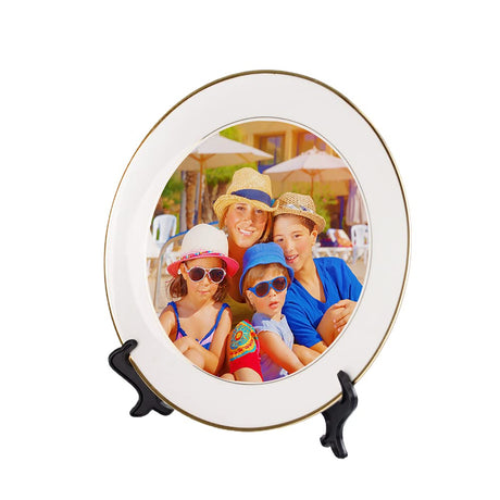 MR.R Set of 2 Sublimation Blanks White Ceramic Gold Rim Plate with Stand,Porcelain Plates, 8 inch Round Dessert or Salad Plate, Lead-Free, Safe in Microwave, Oven, and Freeze MR.R