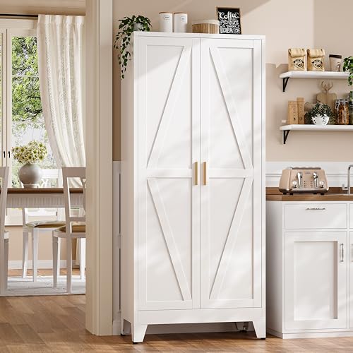 QPRVPTOW 61" H Metal Pantry Cabinet,White Storage Cabinet with Doors,Freestanding Kitchen Pantry Cabinet,Farmhouse Food Storage Cabinets,Tall and Large Pantry Cabinets for Dining Room, Living Room QPRVPTOW