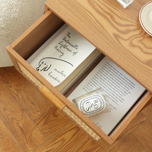 AWASEN Mid Century Nightstand, Rattan Side Table with Drawer, Modern Bedside Table with Storage and Solid Wood Legs for Living Room, Bedroom and Small Space (Brown) AWASEN