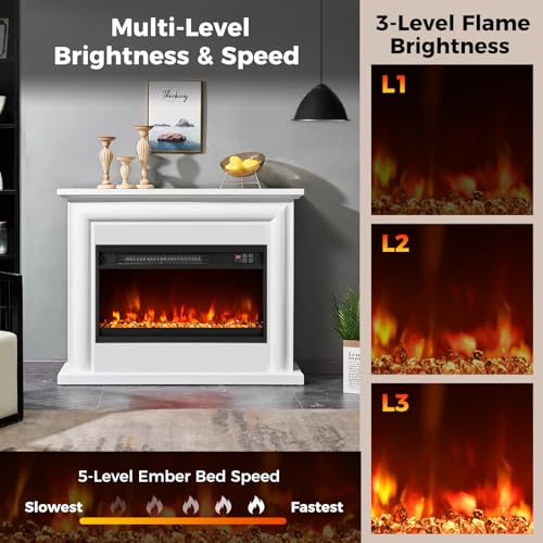 COSTWAY 23 Inch Recessed Fireplace Heater, Electric Fireplace Insert w/Multi-Color Flame & Crystal Ember Bed, Remote Control, 9H Timer, Built-in Thermostat & Overheat Protection, 1500W COSTWAY