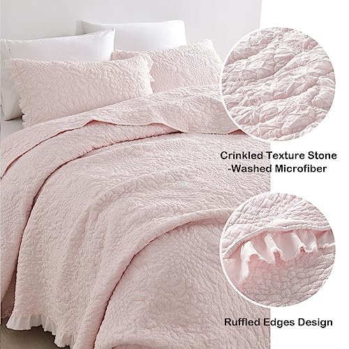 HORIMOTE HOME Pink Ruffled Quilt Queen Size, Stone-Washed Microfiber Lightweight Crinkled Farmhouse Rustic Shabby Chic Bedding Set, 3 Pieces Reversible Bedspread with Pillow Shams for All Season HORIMOTE HOME