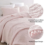 HORIMOTE HOME Pink Ruffled Quilt Queen Size, Stone-Washed Microfiber Lightweight Crinkled Farmhouse Rustic Shabby Chic Bedding Set, 3 Pieces Reversible Bedspread with Pillow Shams for All Season HORIMOTE HOME