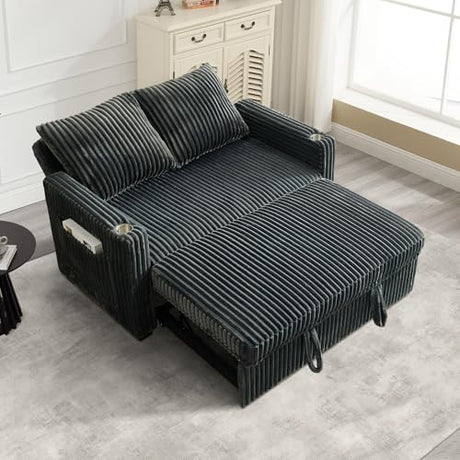 Hommoo Sleeper Sofa Couch with Pull Out Bed Convertible 3 in 1 Futon Lounge Sofa Small Love Seat for Living Room Apartment Comfy Corduroy Reclining Back with Cup Holder and USB Ports 53" Grey Hommoo