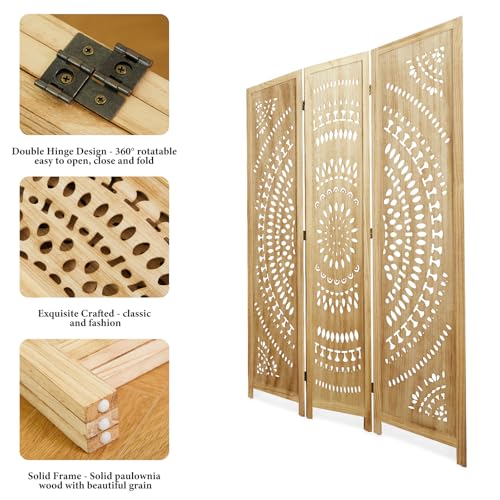 Svimi Room Divider Wood Carved Wall Divider Indoor Folding Bohemian Style Portable Partition Screen for Home Office Garden Terrace - 3 Panels (Natural) Svimi