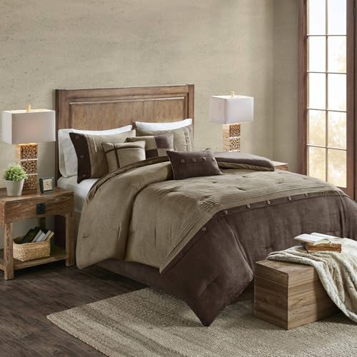 Madison Park Boone Cozy Comforter Set, Faux Suede, Deluxe Hotel Styling All Season Down Alternative Bedding Matching Shams, Decorative Pillow, Queen (90 in x 90 in), Rustic Brown 7 Piece Madison Park