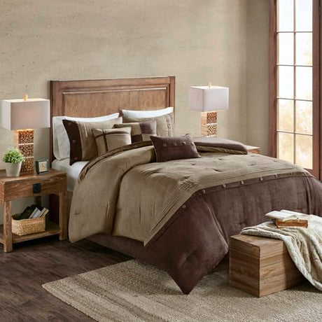 Madison Park Boone Cozy Comforter Set, Faux Suede, Deluxe Hotel Styling All Season Down Alternative Bedding Matching Shams, Decorative Pillow, Queen (90 in x 90 in), Rustic Brown 7 Piece Madison Park