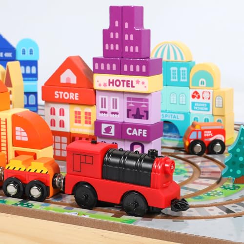 Wooden Building Blocks Set, Electric Train City Construction Stacking Blocks Preschool Learning Educational Toys,Toddler Toys for 3+ Year Old Boy and