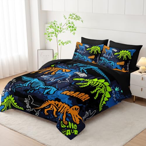 Smell Sunshine 7pcs Comforter Set Dinosaur Theme Printed Bedding Set with 1 Comforter, 1 Flat Sheet, 1 Fitted Sheet and 4 Pillowcases for Boys and Girls Bedroom (Dinosaur King Smell Sunshine