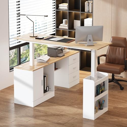 Timechee 63" Large Electric Standing Office Desk with Drawers, Modern Executive Deep L Shaped Computer Raising Stand up Desk with Shelves Storage for Home Office, Adjustable Height, White & Natural Timechee