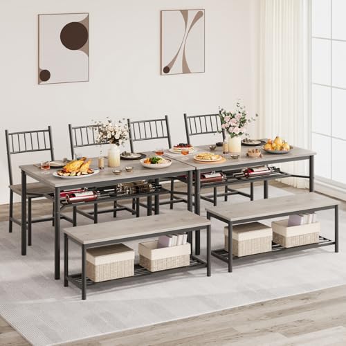 GarveeHome Dining Table Set for 4, Kitchen Table and Chairs for 4 with Wine Rack, Room Dining Table Set with Storage Benches, Rectangular Kitchen Table Set for Small Space, Apartment, Retro Gray GarveeHome