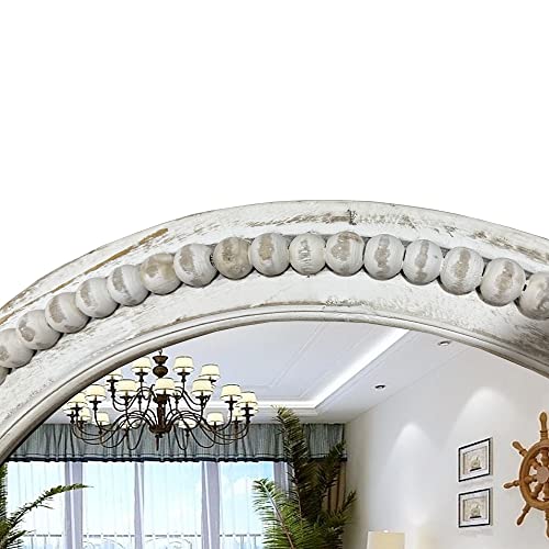 dwellington Rustic Round Wall Mirror, 24 Inch Wood Circle Mirror with Beads, Decorative Farmhouse Mirror for Living Room, Bedroom, Kitchen, Entryway (White) dwellington