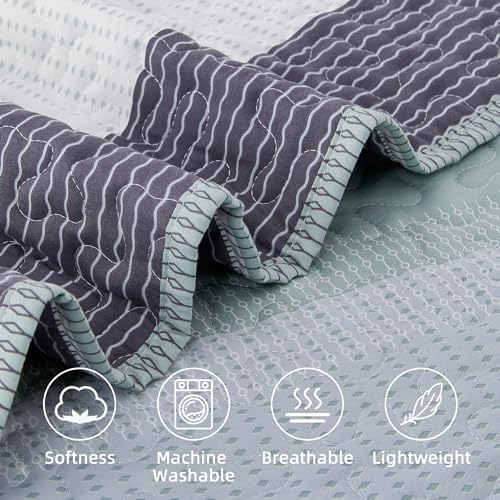 Andency Queen Quilt Bedding Set Sage Green, 3 Pieces Patchwork Mint Green Striped Ultra Soft Lightweight Bedspreads, Coverlets Set with 2 Pillow Shams for All Seasons (90"x96")