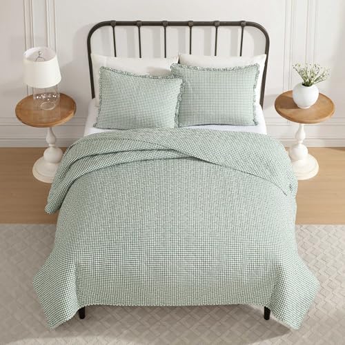 Laura Ashley - Full/Queen Quilt Set, Pre-Washed Cotton Bedding with Matching Sham, Lightweight for Year Round Use, Oeko-Tex Certified (Gracies Gingham Green) Laura Ashley