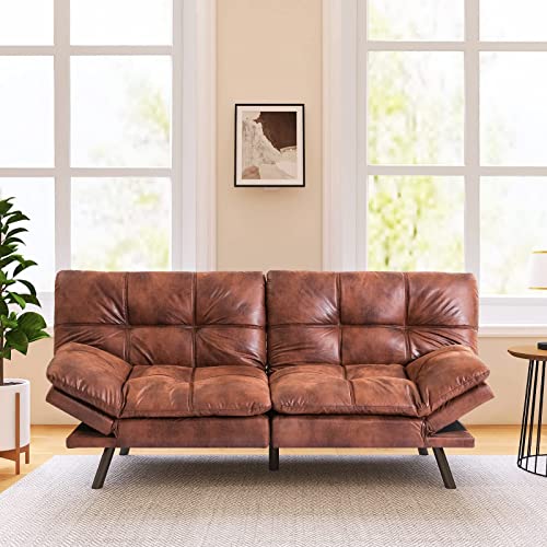 Vyfipt Futon Sofa Bed/Couch, Memory Foam Small Splitback Sofa for Living Room,Modern Loveseat with Covertible Armrests,Faux Leather/Cushion Thicker Version(Brown) Vyfipt