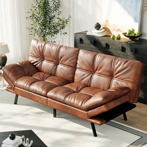 AMICLIBER 71" Convertible Futon Sofa Bed,Brown Faux Leather Futon Couch,Memory Foam Reclining Sleeper Sofa Bed,Modern Folding Small Loveseat Couches for Living Room,Office,Apartment AMICLIBER