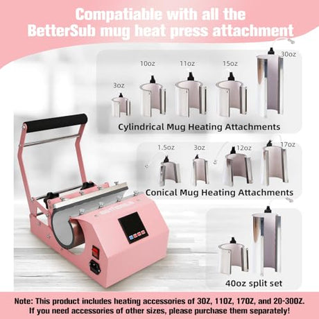 BetterSub 4in1 Set 3oz Shot Glass Tumbler Heat Press Machine 30oz 20oz Sublimation Straight Skinny Tumbler, 11oz 15oz 16oz 17oz Sublimation Mug Heat Transfer Pink BetterSub