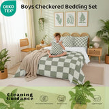 Erosebridal Plaid Full Comforter Set 7 Piece Beige Sage Green Checkerboard Bed in A Bag with Sheets Geometric Checkered Bedding Set for Kids Boys Girls,Aesthetic Grid Bed Set Erosebridal