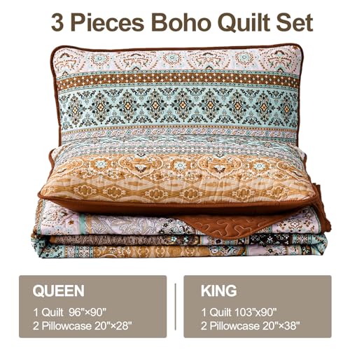WONGS BEDDING Boho Fall Queen Quilt Set, Brown Bohemian Queen Quilt Bedding Set, Lightweight Microfiber Bed Decor Bedspread for All Season 96"x90"(3 Pieces) WONGS BEDDING