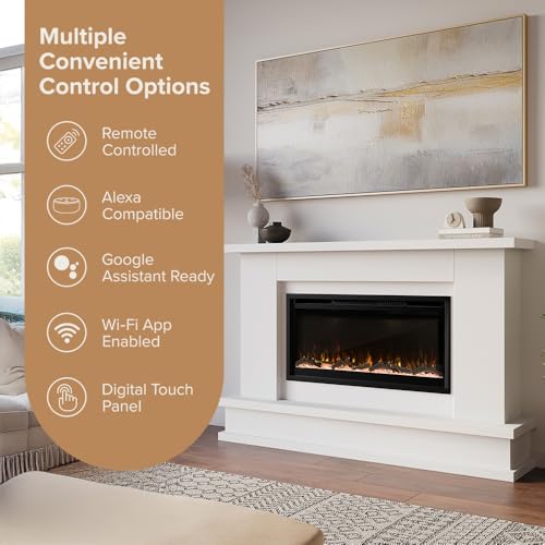 Modern Ember Patton White Mantel Package 64" W x 42" H with 42 Inch Electric Fireplace - 5 Flame Colors, 10 Ember Bed Colors, Log Kit & Crystal Embers | Alexa/WiFi Enabled Modern Ember