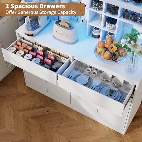 Gyfimoie 71" Kitchen Pantry Storage Cabinet with Charging Station, Kitchen Hutch with LED Light & Open Shelving, Buffet Cabinet with Drawers, Farmhouse Food Pantry for Living Room, White Gyfimoie