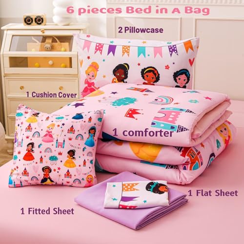 GRAT TIOC 6 Pieces Pink Princess Comforter Set for Girls Twin,Bed in A Bag Princess Bedding Set for Girl Kids (1 Comforter,1 Flat Sheet,1 Fitted Sheet,2 Pillowcases and 1 Cushion Cover) GRAT TIOC