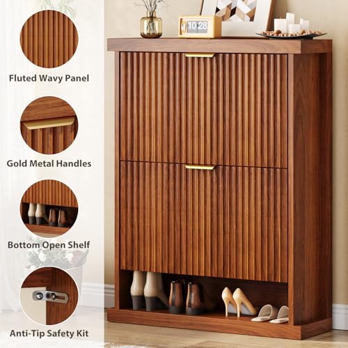 knoworld Walnut Shoe Cabinet Storage for Entryway,2 Flip Drawers with Toe Kick Space,Narrow Wood Fluted Shoe Rack Cabinet,Fluted Slim Shoe Cabinet for Foyer,Hallway knoworld