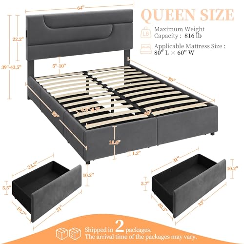 Yaheetech Queen Bed Frame Upholstered Platform Bed with USB Charging Station/4 Storage Drawers/Streamlined Headboard/Mattress Foundation/No Box Spring Needed/Strong Wooden Slats, Dark Gray Queen Bed