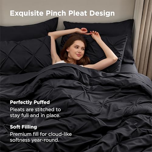 Bedsure Oversized King Comforter Set Black - Bed in a Bag Bedding Set 7 Pieces, GentleSoft™ Pintuck Bed Set Gift for Family, Pinch Pleat Black Comforter with Sheets, Pillowcases & Shams Bedsure
