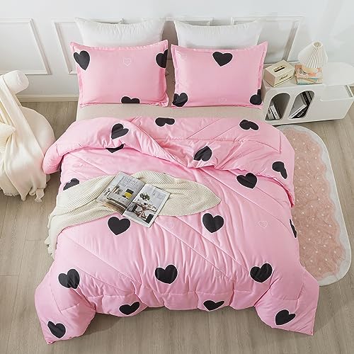 Caressma Girls Pink Comforter Set Twin Size - Blush Pink Cute Love Heart Print Comforter Bedding Set for All Seasons, Geometric Soft Microfiber Comforter Set with Pillowsham Caressma