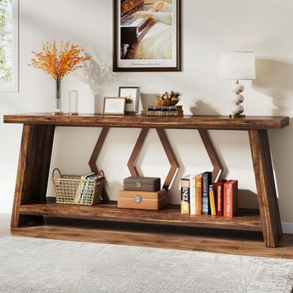 Tribesigns 70.86-Inch Long Sofa Table for Living Room, 2-Tier Narrow Console Table with Storage, Wood Foyer Entryway Couch Table for Hallway, Entrance (Brown) - WoodArtSupply