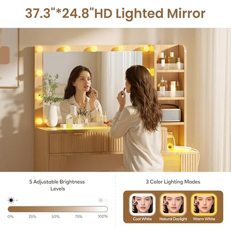 47'' Fluted Makeup Vanity Desk with Large 36" Mirror & Hollywood Bulbs, Smart RGB Lights, Glass Top Vanity with 5 Shelves, 2 RGB Drawers, Acrylic Cabinets, Wood Vanity with Charging Station,Oak DIYSET