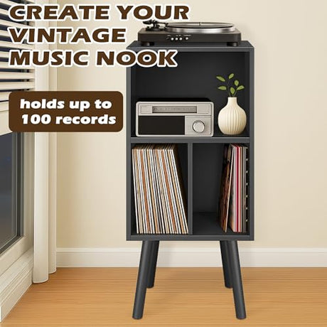 Record Player Stand with Vinyl Storage, 3 Tier Wooden Vinyl Record Stand, Record Player Cabinet, Record Player Stand with Storage, Record Player Shelf for Bedroom, Office, Black Montex