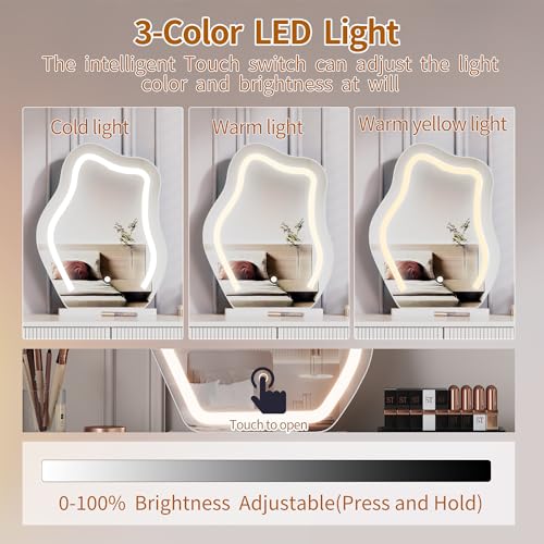 KDCAS Vanity Desk with Mirror and Lights| Small Makeup Vanity Set with Adjustable Cabinet & 5 Drawers Storage| Modern Dressing Table for Small Spaces & Bedroom(White and Black) KDCAS