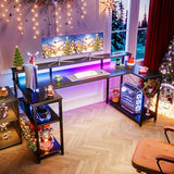 ODK 55 Inch Gaming Desk with LED Lights and Power Outlet, U-Shaped Computer Desk with Monitor Stand and Storage Shelves, PC Gamer Table for Home Office, Carbon Fiber Black ODK