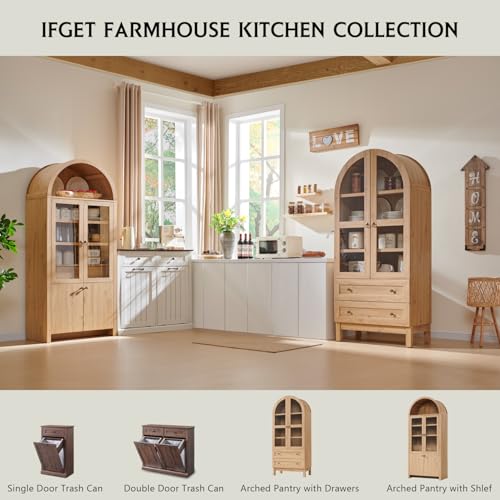 IFGET 71" Tall Arched Kitchen Pantry, Modern Farmhouse Wood Kitchen Storage Cabinets with 2 Large Drawers and Adjustable Shelves, Versatile Cupboard for Kitchen, Dining Room, Bathroom, Natrual IFGET