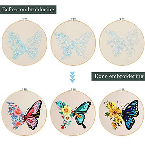 Santune 3 Pack Embroidery Kit for Beginners Adults Cross Stitch Kits with Butterfly Patterns and Instructions,DIY Hand Crafts with 1 Hoop,Threads and 6 Needles