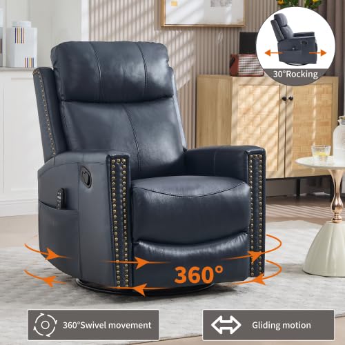 Genuine Leather Swivel Rocker Recliner Chair for Adults, Manual Glider Rocking Chair for Nursery with Vibration Massage & Lumbar Heat, Rivet Design Single Sofa for Living Room, Blue
